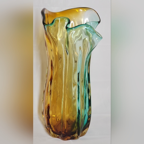 Large Glass Vase Murano-Style Blue Yellow 14" - Picture 2 of 9